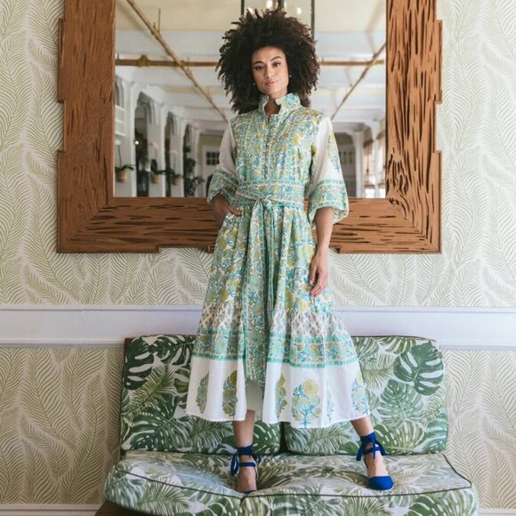 SUE SATOR Green & Cream Floral Ruffled Tiered Sundress w Bishop Sleeves - Size S - Picture 7 of 7